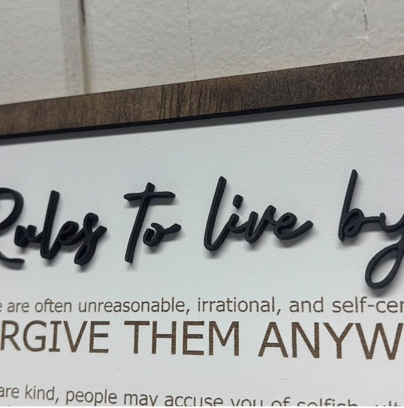 Wood Frame S'D Sign "Rules to Live By"