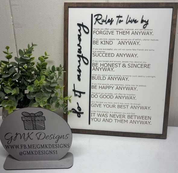 Wood Frame S'D Sign "Rules to Live By"