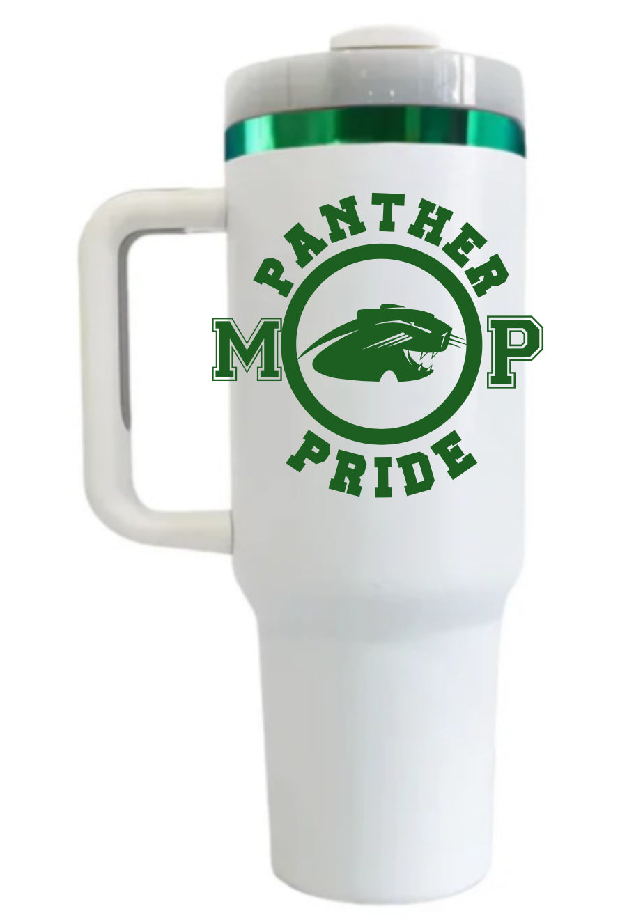 40 Ounce White and Green LASER ENGRAVED Stainless Steel Panthers Tumbler