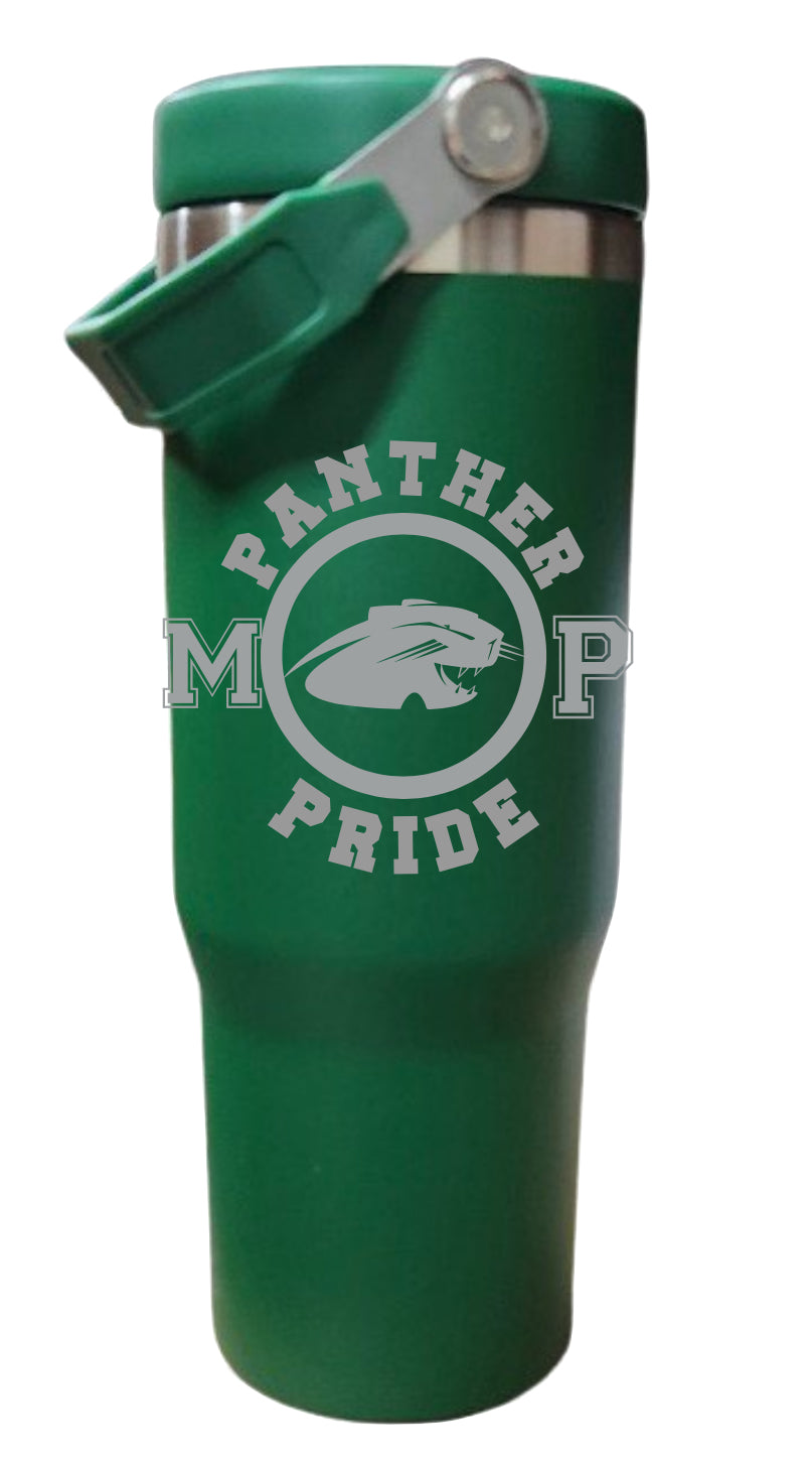 30 Ounce Green Flip Top LASER ENGRAVED Stainless Steel Panthers Tumbler